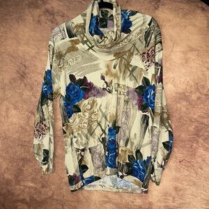 Artistic Cowl Neck Top with 90s Cherub and Floral Design